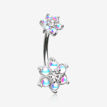 Iridescent Revo Spring Flower Sparkle Prong Set Belly Button Ring-Clear Gem